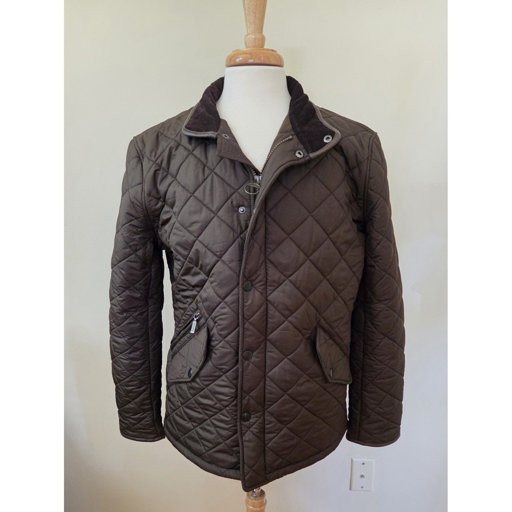 BARBOUR Powell Quilted Men's L Chore Riding Jacket Brown Leather Corduroy Trim